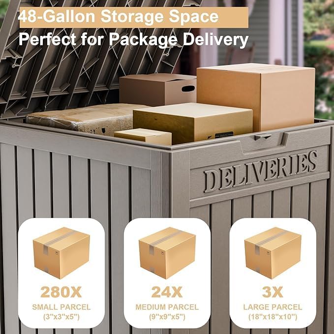 DRATO 48 Gallon Package Delivery Box, Large Lockable Storage Box, Double-Wall Resin Outdoor Package Delivery and Waterproof Deck Box for Porch, Patios-Ruum Studio Home