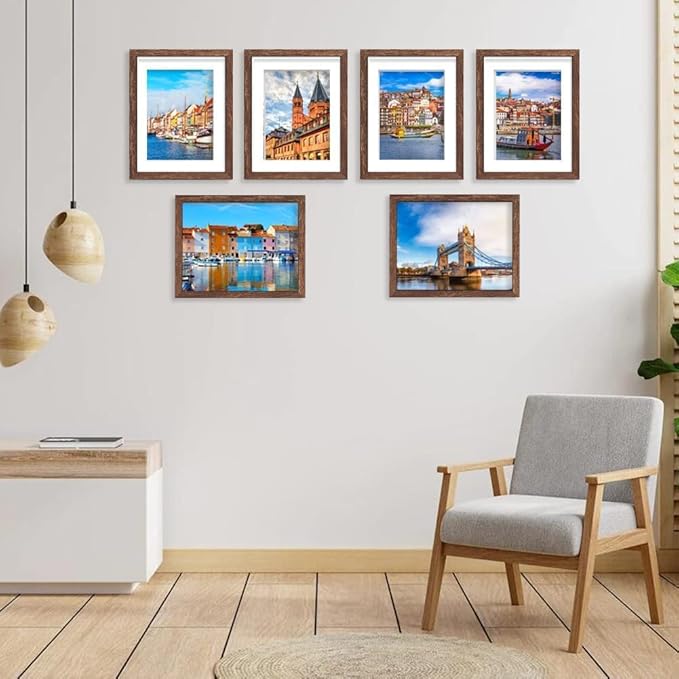 8x10 Picture Frame Set of 6, Display Pictures 5x7 with Mat or 8x10 Without Mat for Wall Mounting, Rustic Brown-Ruum Studio Home