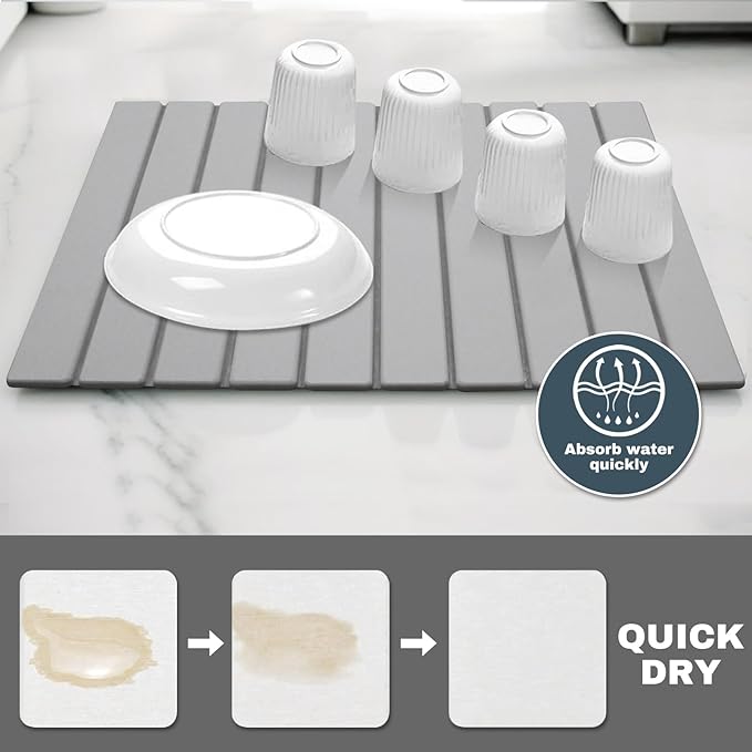Large Stone Dish Drying Mats for Kitchen Counter, Quick Dry Absorbent Collapsible Dish Drying Mat,Diatomaceous Earth Mats for Dishes Bottles Cups,Match Any Countertop,Grey 24 * 16inch-Ruum Studio Home