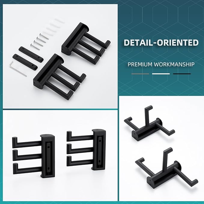 Angle Simple Swivel Towel Hooks for Bathroom, SUS 304 Stainless Steel Foldable 3 Arms Robe Towel Holder, Shower Wall Coat Hooks, Matte Black, 2 Pack-Ruum Studio Home