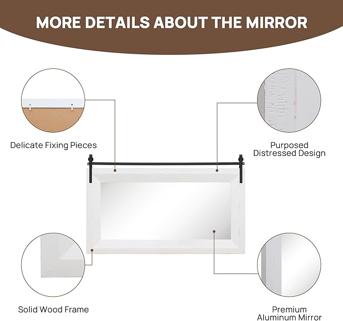 ALBAD Farmhouse Mirror for Wall Decor Wood Framed Bathroom Vanity Mirrors Vertical/Horizontal Hanging Barn Door Style Mirror for Living Room Bathroom Bedroom Entryway White-Ruum Studio Home