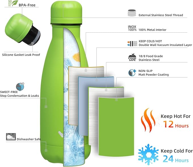 Insulated Water Bottles,12 oz Double Wall Stainless Steel Vacumm Metal Flask for Sports Travel,Green-Ruum Studio Home