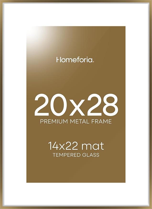 Homeforia Picture 20x28 Bronze Frame, High End Metal 20 x 28 Brass Poster Frames with Mat 14 x 22 for Photo, 20x28 Frame Matted to 14x22 Print, 28x20 Hanging Frames, Tempered Glass, Wall Kit, Set of 1-Ruum Studio Home