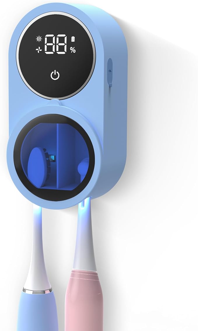 Toothbrush Holder and Cleaner for Bathroom Light Cleaning Fan Drying Round in Circle Automatic Rotating Cover Wall Mounted Smart Home Gadgets (02 Blue)-Ruum Studio Home