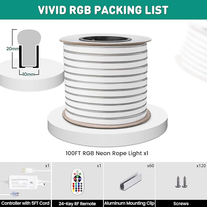 GZBtech RGB LED Neon Rope Lights 100FT/30M, AC 110-120V Waterproof Color Changing LED Rope with Remote Controller, Dimmable Multi Color Neon Rope Lighting for Indoor Outdoor Commercial Use-Ruum Studio Home