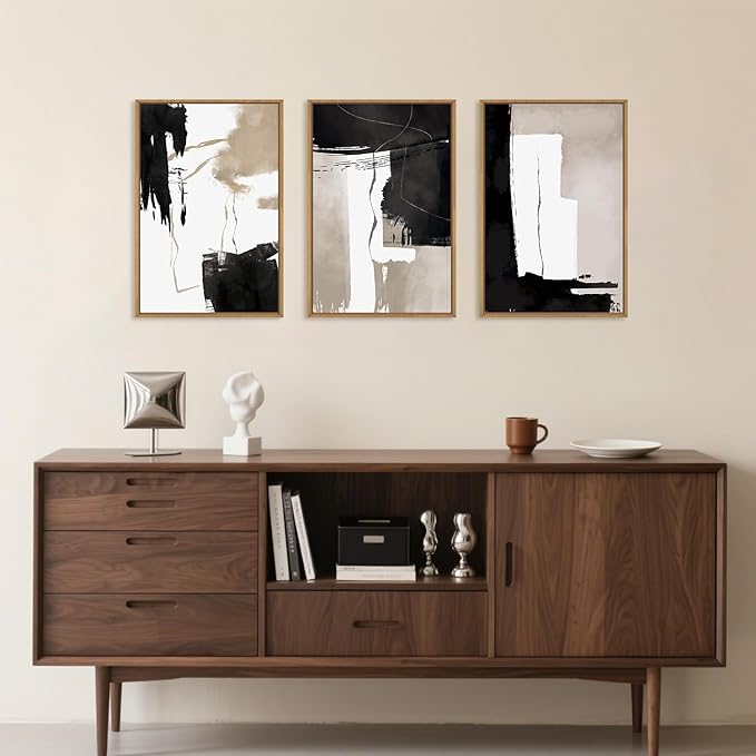 Black White Brown Framed Canvas Wall Art Set, Neutral Geometric Wall Decor, Modern Abstract Wall Painting, Minimalist Artworks for Living Room, Bedroom, Dining Room, Office - 16"x24"x3-Ruum Studio Home