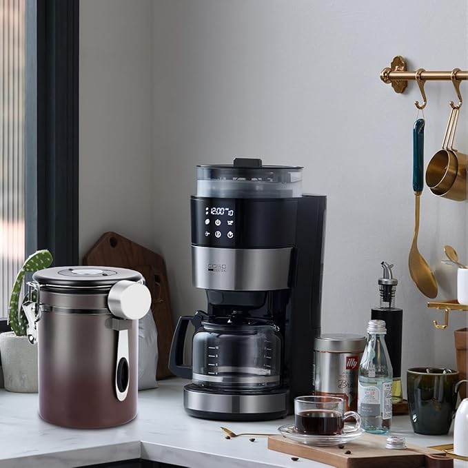 Coffee Canister Airtight Storage Container Stainless Steel Coffee Jar with Scoop,Date Tracker CO2 Release Valve for Dry Food Beans Ground Tea Flour Cereal and Sugar (1.8L Grey-Brown With Spoon(2pcs))-Ruum Studio Home