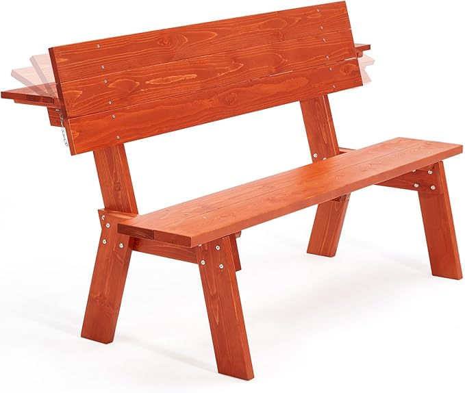 AVAWING Outdoor Convertible Wood Bench with Backrest, Patio Wood Convert a Bench, Space-Saving 2-in-1 Picnic Table Chairs Set for Backyard, Porch, Patio, Garden, Tangerine-Ruum Studio Home
