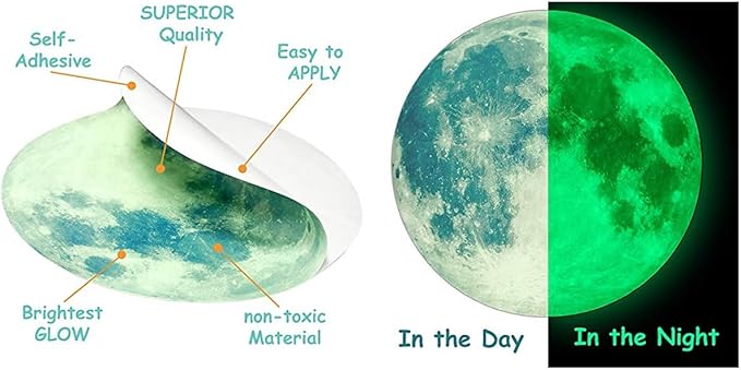 Quanhaigou Glow in The Dark Wall or Ceiling Moon Stickers – Green Luminous Big Moon Wall Stickers DIY Decor for Kid Room-Ruum Studio Home