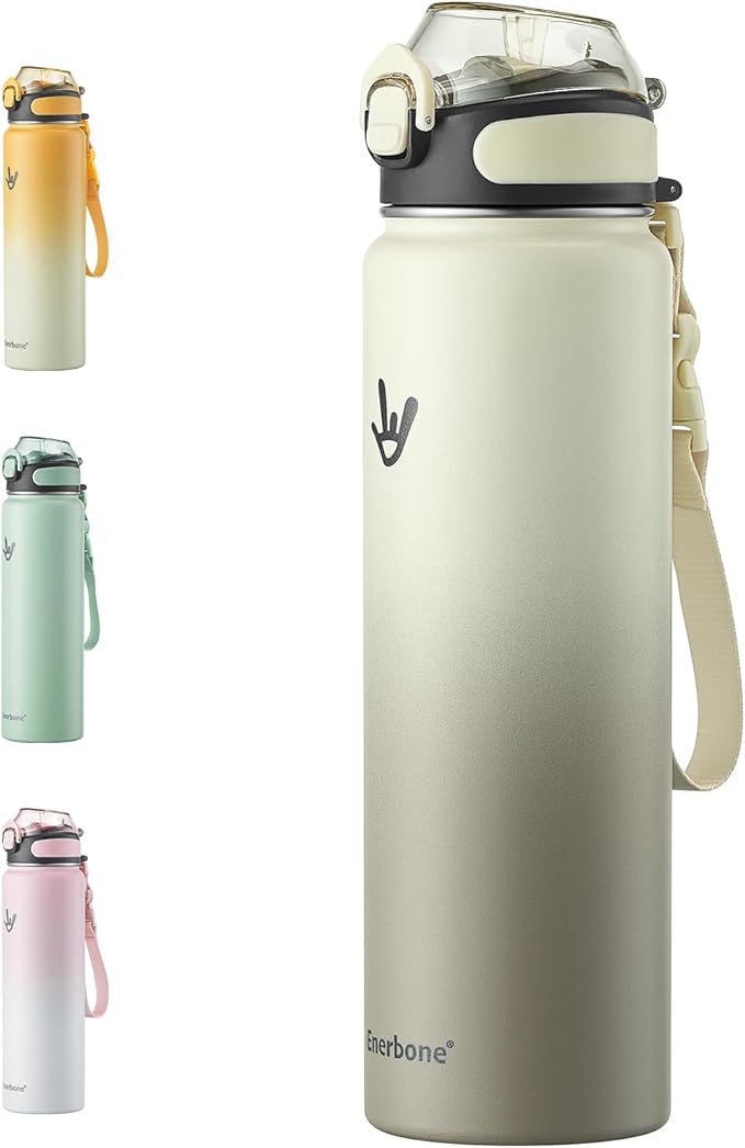 Enerbone 32 oz Insulated Water Bottle, Stainless Steel Bottle with Carrying Strap, Double-Wall Vacuum Insulation Design, Leakproof Sports Bottle with Straw, Keep Drinks Cold or Hot for Hours-Ruum Studio Home
