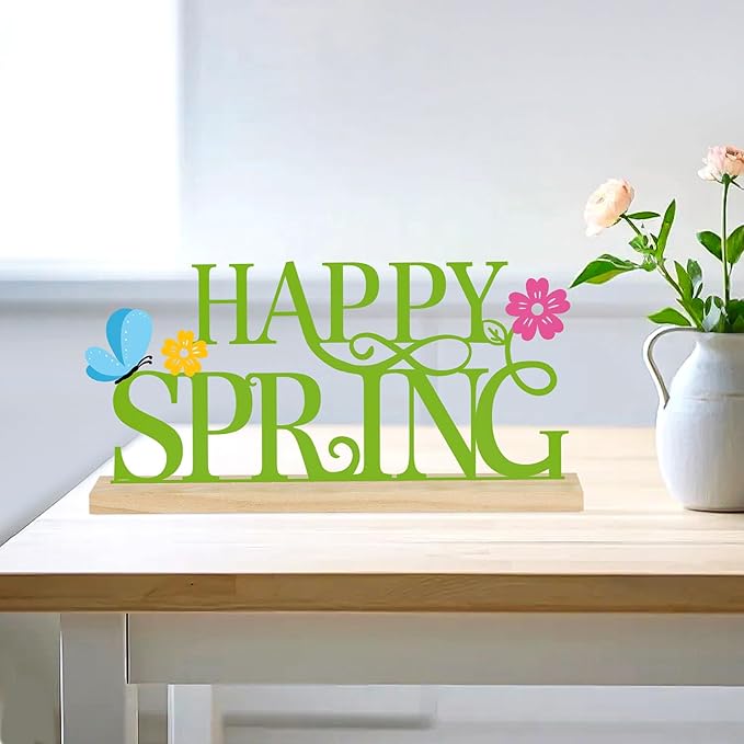 COCHIE Metal Happy Spring Sign, Spring Decorations for Home, Office, Shelf, Mantel, Indoor, Spring Flower Decor, Spring Butterfly Table Top Party Decoration (Spring)-Ruum Studio Home