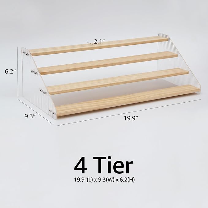 nianfeng Tiered Spice Rack, 4-Tier Spice Pantry Kitchen Cabinet Organizer, 19.9-Inch, Natural Wood Acrylic Stair Riser Stand, Countertop Seasoning Shelf-Ruum Studio Home