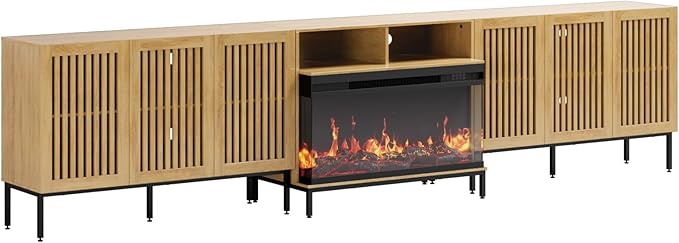 3-Sided Glass Farmhouse Fireplace TV Stand for TVs Up to 110 Inch, Oak Entertainment Center with 36" Electric Fireplace, TV Console with Storage Cabinets for Living Room-Ruum Studio Home
