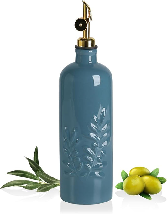 Sweejar 18 Oz Oil Dispenser for Kitchen with Gravity Spout, Ceramic Olive Oil Dispenser Bottle, Relief Opaque Vinegar Container for Evoo, Vinegar, Soy Sauce, Pack of 1(Fogbule, Gold Spout)-Ruum Studio Home