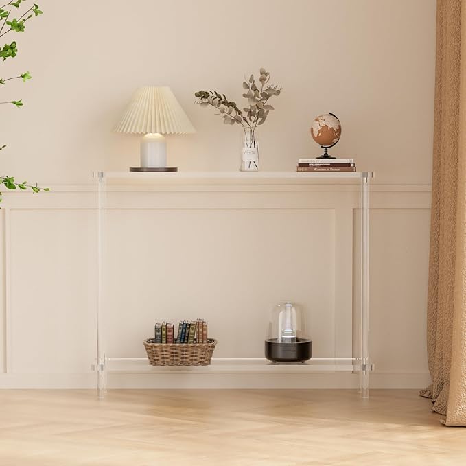 Acrylic Console Table, 2 Tier Acrylic Narrow Console Tables for Entryway,CHICUN, Square Legs, Skinny Console Table for Foyer, Sofa, Living Room,Clear-Ruum Studio Home