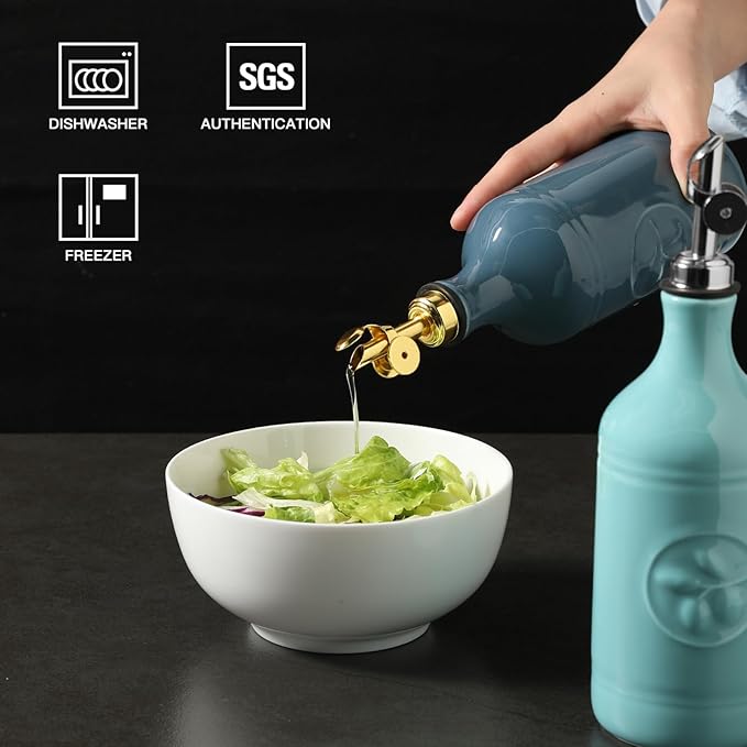 Sweejar 16 Oz Ceramic Olive Oil Dispenser Bottle, Oil Dispenser for Kitchen with Gravity Spout, Relief Opaque Oil Container for Evoo, Avocado Oil, Vinegar, Soy Sauce, 1 Pack(Fog Blue, Gold Spout)-Ruum Studio Home