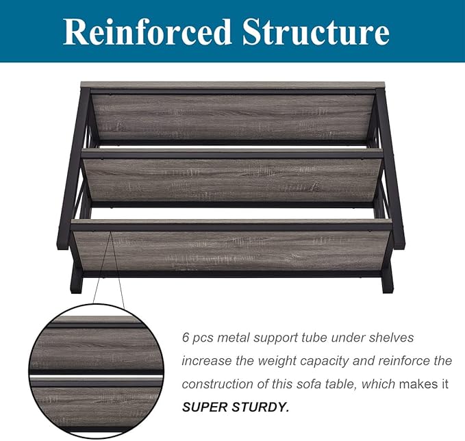 BON AUGURE Rustic Sofa Table Behind Couch, Industrial Console Tables for Entryway, 3 Tier Wood Shelves Entry Table with Storage for Foyer, Hallway, Front Door (47 Inch, Dark Grey Oak)-Ruum Studio Home