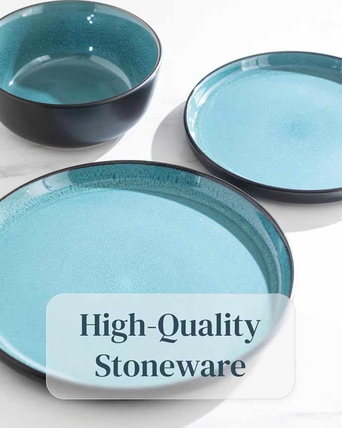 12 Piece Dinnerware Sets for 4 - Modern Style Stoneware Dinnerware Set - Scratch Resistant, Dishwasher Safe Plates and Bowls Sets Ceramic, Dish Set, Bowl and Plate Set - Black and Petrol Blue…-Ruum Studio Home
