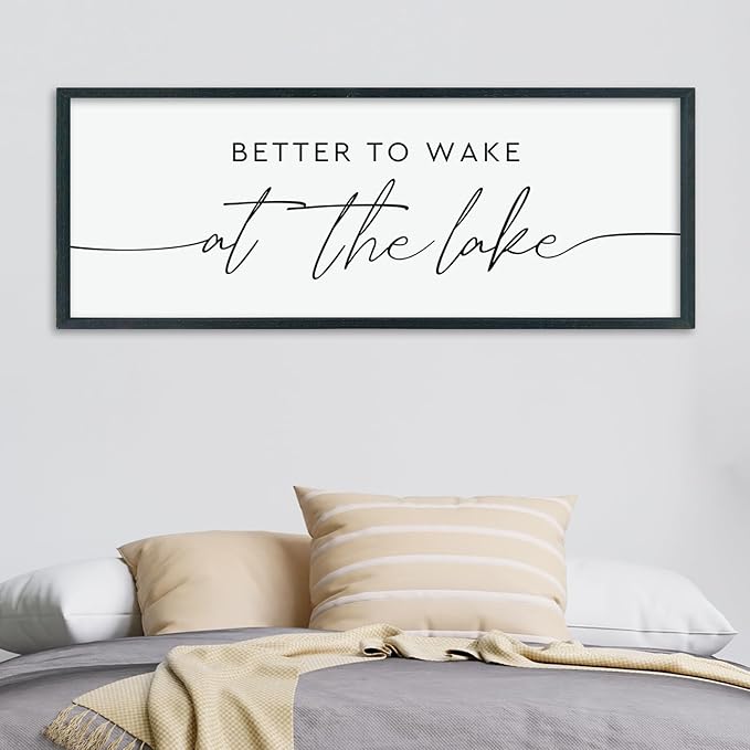 LuZhiQiang Better To Wake At The Lake Above Bed Wall Decor 40"×15" for Lake House Bedroom Over Bed Sign Wood Framed Large Wall Hanging Art (Black)-Ruum Studio Home