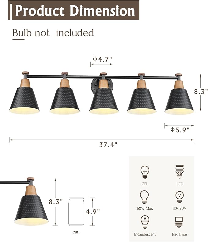 FEMILA 37.4" Black Vanity Light, Black Bathroom Light Fixture, Bathroom Lighting Fixtures Over Mirror with Matte Black Finish, 4FG59B-5W BK-Ruum Studio Home