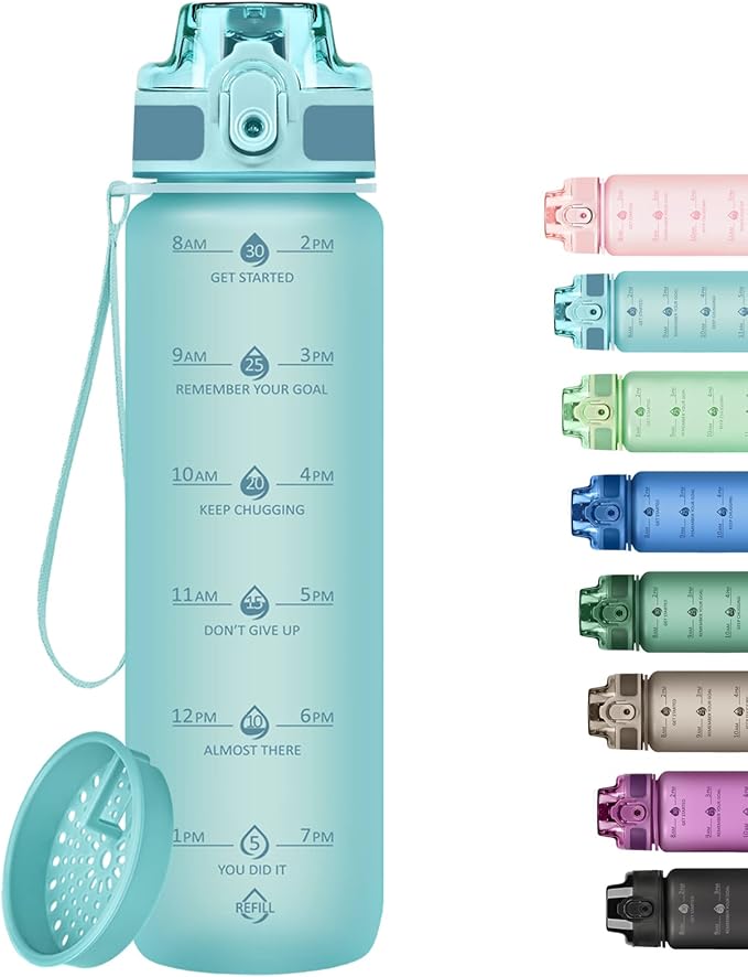 32oz Motivational Water Bottles with Time Marker & Fruit Strainer, Transparent Gradient Color Water Bottle with Times to Drink, Leakproof & BPA Free, Reusable Bottle with Strap (No Straw)-Ruum Studio Home