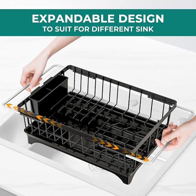 Expandable Dish Drying Rack in Sink, Adjustable Stainless Steel Rustproof Grip Handles Dish Rack Over The Sink, Dish Strainer with Drying Tray & Utensil Holder-Ruum Studio Home