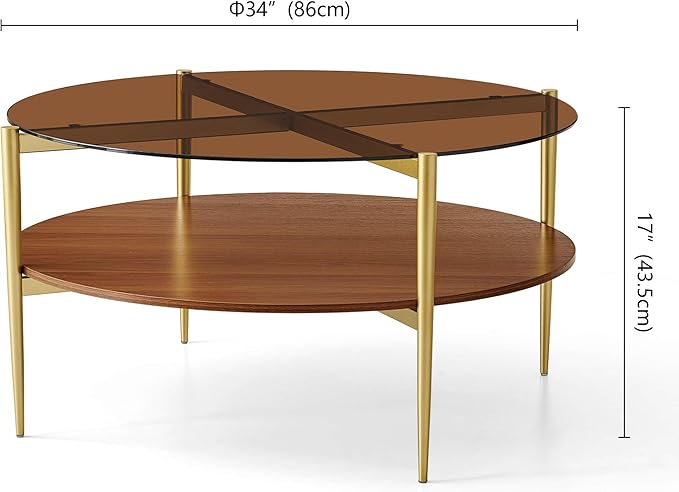 Extra Large Round Coffee Table, Mid-Century Modern Design, D34 x H17 in, for Living Room, 2-Tier Structure, Amber Glass Top and Walnut MDF Shelf, Sleek Conical Metal Legs with Gold Finish-Ruum Studio Home