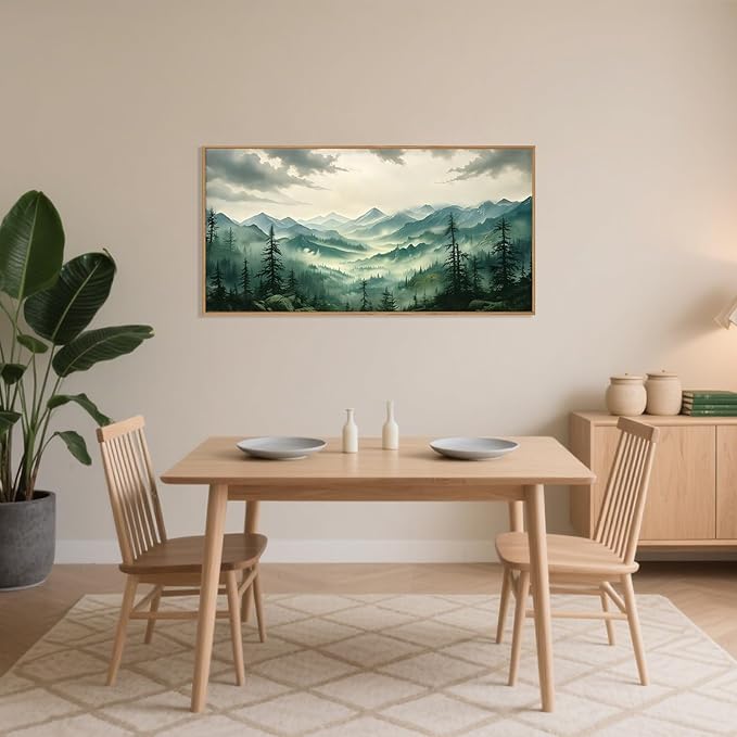 Celestdeco Green Foggy Mountain Framed Canvas Wall Art Set, Misty Forest Wall Decor, Watercolor Pine Tree Wall Painting, Large Nature Landscape Art Print for Living Room, Bedroom, Office - 20"X40"-Ruum Studio Home