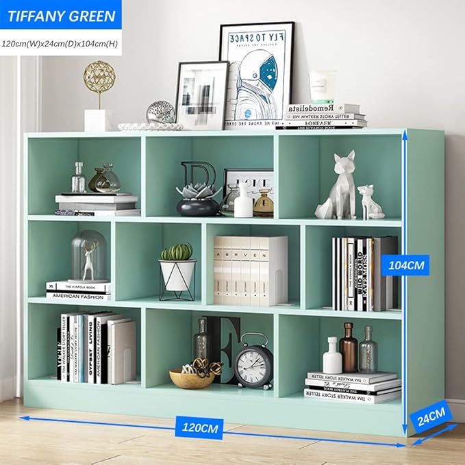 IOTXY Open Shelf Low Bookcase - Wooden 3-Tier Floor Standing Display Cabinet Organizer with Base, 10 Cubes Short Horizontal Bookshelf in Tiffany-Green-Ruum Studio Home