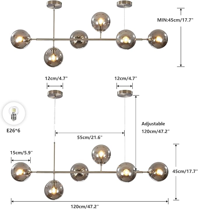 KCO Modern 6-Light Ceiling Pendant Lighting Mid-Century Glass Globes Sputnik Pendant Lamp Hanging Adjustable Chandelier for Kitchen Island Living Dining Room (Silver+Smoke Grey)-Ruum Studio Home