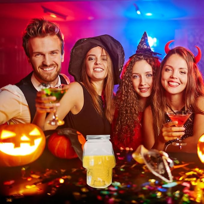 VOSAREA 4pcs Halloween Beverage Bottles Clear Skull Shaped Jar Cups 800ml Plastic Drink Bottles with Screw Straw Hole Lid Party Water Tumbler Skull Beverage Juice Mug-Ruum Studio Home