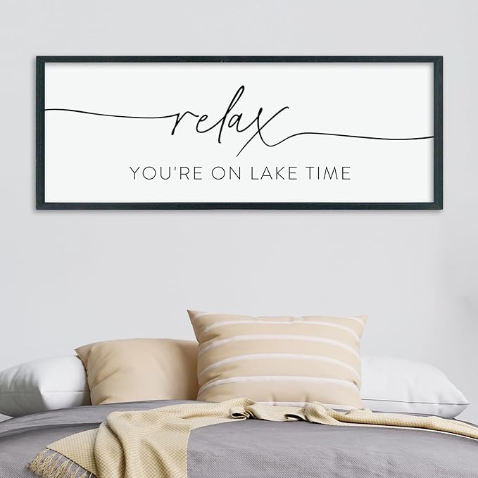 Relax You're On Lake Time Sign Wall Decor 40"×15" Lake House Bedroom Large Wood Framed Hanging Wall Art (Black)-Ruum Studio Home