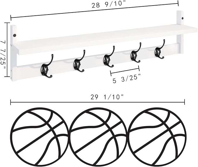 BAMEOS Wall-Mounted Wood Shelf with 5 Dual Hooks for Bathroom, Living Room, Bedroom (White-with Shelf)-Ruum Studio Home