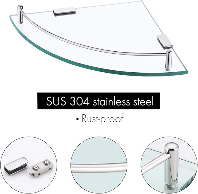 KES Glass Corner Shelf Bathroom Shelf Tempered Glass with Rail SUS 304 Stainless Steel Floating Wall Mount Bracket Polished Finish, BGS2101A-Ruum Studio Home