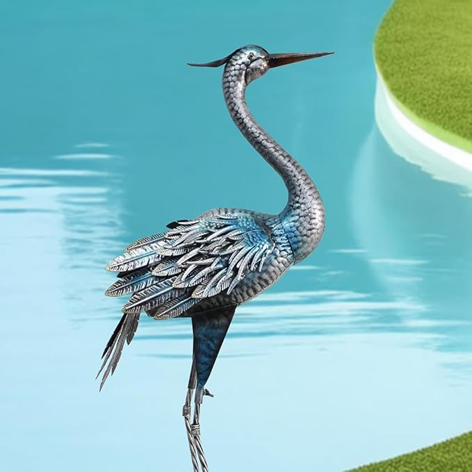 Crane Outdoor Decor Statue, Blue Heron Garden Statue Metal Yard Art Outdoor Decoy, Garden Sculptures & Statues for Yard/Lawn/Pond/Outdoor Decoration, 1Pc-Ruum Studio Home