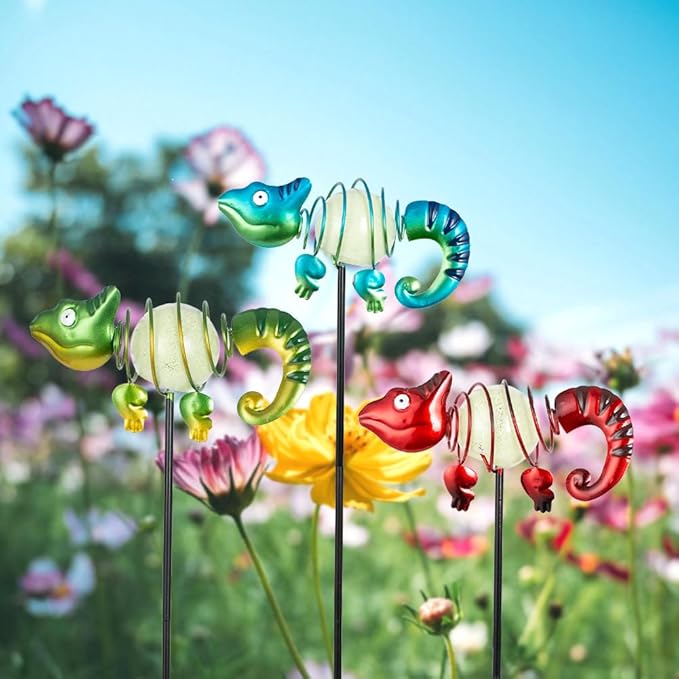 3 Pack Garden Stakes Decorative,Cute Chameleons Glow in The Dark Metal Garden Decor,Waterproof Metal Yard Art Decor for Outside,Funny Present for Mom Women Grandma-Ruum Studio Home