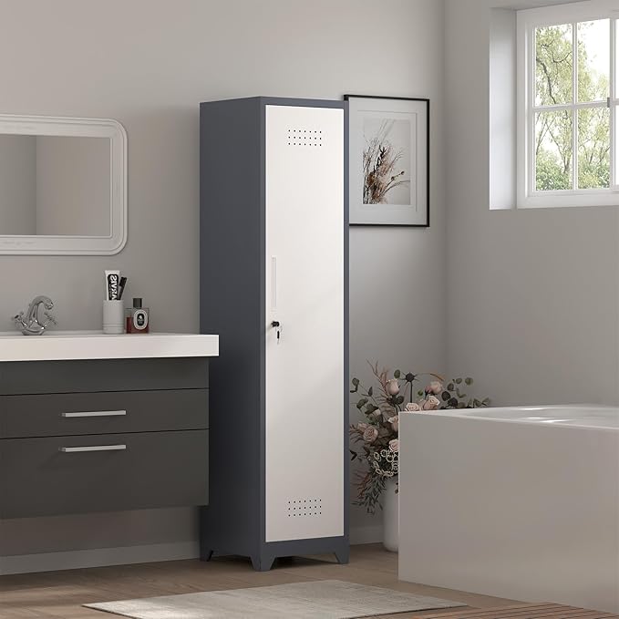 Storage Cabinet,Slim Broom Closet Storage Cabinets with Lockable Doors,Narrow Utility Cabinets with Hanging Rod,Tall Broom Closet for Laundry,Home Office,Grey-White-Ruum Studio Home