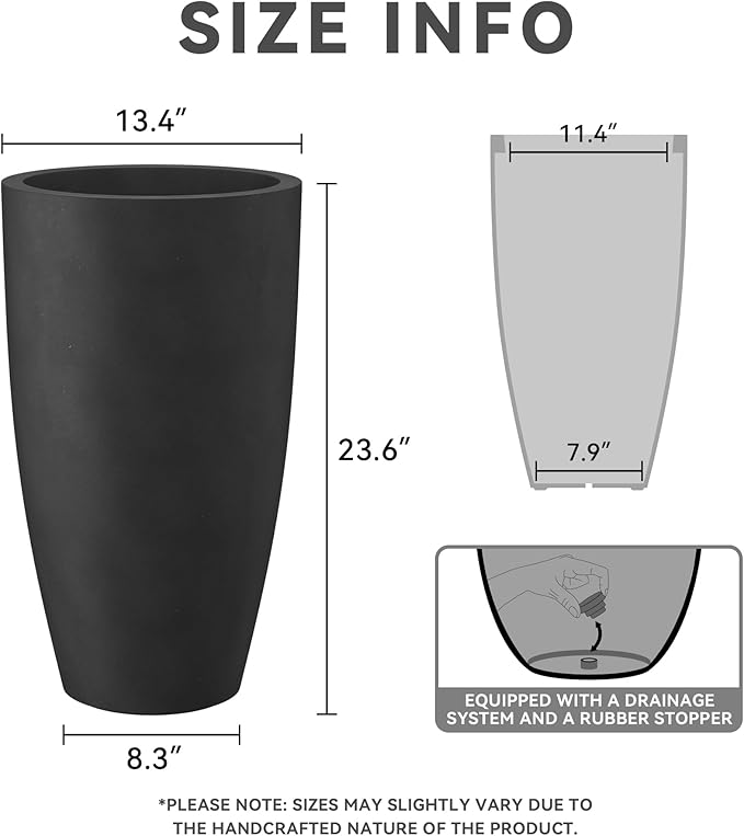 Kante 23.6" H Black Finish Concrete Tall Planters Large Outdoor Indoor Decorative Plant Pots with Drainage Hole and Rubber Plug, Modern Tapered Style for Home and Garden-Ruum Studio Home