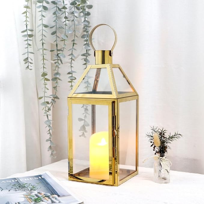 JHY Design Gold Decorative Lanterns 16" H Stainless Steel Candle Lanterns with Tempered Glass for Indoor Outdoor Events Parities and Weddings-Ruum Studio Home
