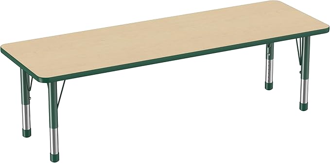 Factory Direct Partners FDP Rectangle Activity School and Classroom Kids Table (24 x 72 inch), Chunky Toddler Legs, Adjustable Table Height 15-24 inches - Maple Top and Green Edge-Ruum Studio Home