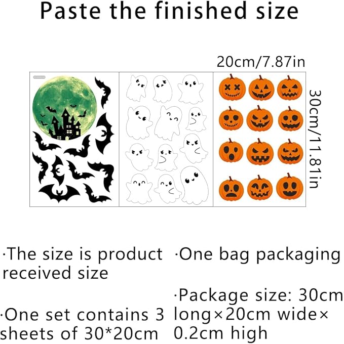 3 Sheets Glow in The Dark Halloween Window Clings Luminous Halloween Window Stickers Pumpkin Ghost Wall Decor Glowing Window Clings for Scary Halloween Theme Party Decorations-Ruum Studio Home
