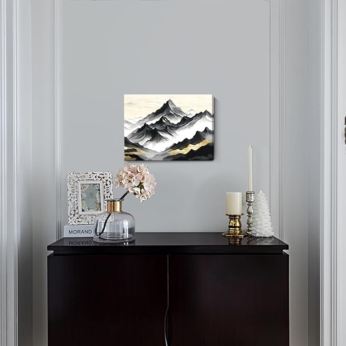 amatop Black and White Mountain Wall Art – Minimalist Modern Landscape Canvas Print Nature Scene Picture Bathroom Bedroom Office Wall Decor, Small Tranquil Misty Hills Zen Artwork for men, 16x12 Inch-Ruum Studio Home