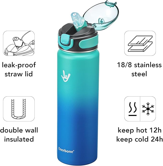 Enerbone 24 oz Insulated Water Bottle, Stainless Steel Bottle with Carrying Strap, Double-Wall Vacuum Insulation Design, Leakproof Sports Bottle with Straw, Keep Drinks Cold or Hot for Hours-Ruum Studio Home