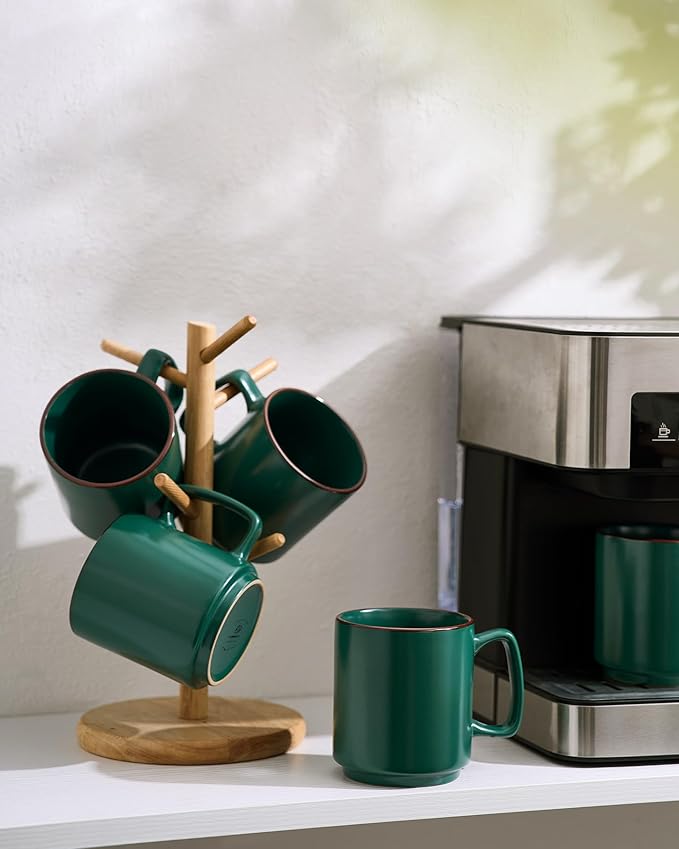 famiware Coffee Mugs Set of 4, Nebula 14oz Coffee Mugs, Ceramic Cup Set with Handle for Latte, Tea, Milk, Cappuccino, Cocoa, Dark Green-Ruum Studio Home