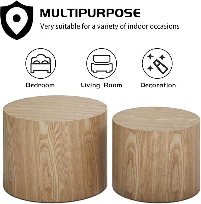 Nesting Coffee Table Set of 2, Modern Round Coffee Table with Non-Slip Feet, Oak Wooden Circle Accent Tables for Small Spaces Living Room Bedroom Balcony Office Drum Side Table-Ruum Studio Home
