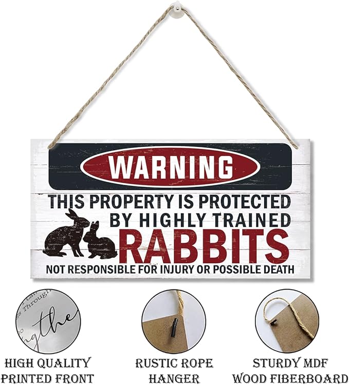 Funny Warning Signs, The Property is Protected By Highly Trained Rabbits Sign, Decorative Wood Hanging Wood Plaque, Rabbit Warning Decor Outdoor, Farm Decor, Rustic Home Decor for Front Door-Ruum Studio Home