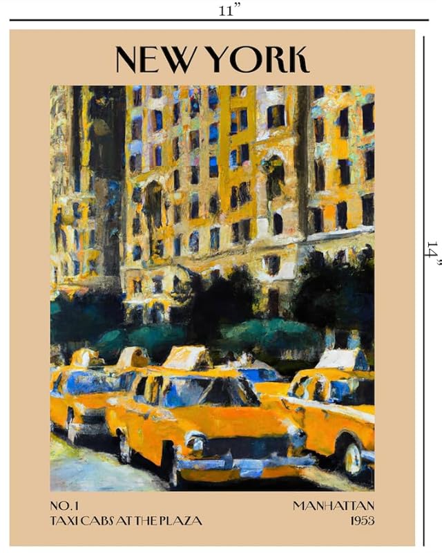 Retro Vintage New York Wall Art Print - 11x14 Unframed Poster - New York City Souvenirs, Cute Trendy Colorful Wall Decor (Taxi Cabs at the Plaza, 11x14")-Ruum Studio Home