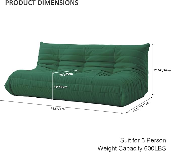 Luxury Sofa Couch Chair, Lazy Floor Seating, Fireside Bean Bag Chair, Ergonomic Tatami Sofa Lounger for Living Room, Bedroom, Office, 3 Seat, Green-Ruum Studio Home