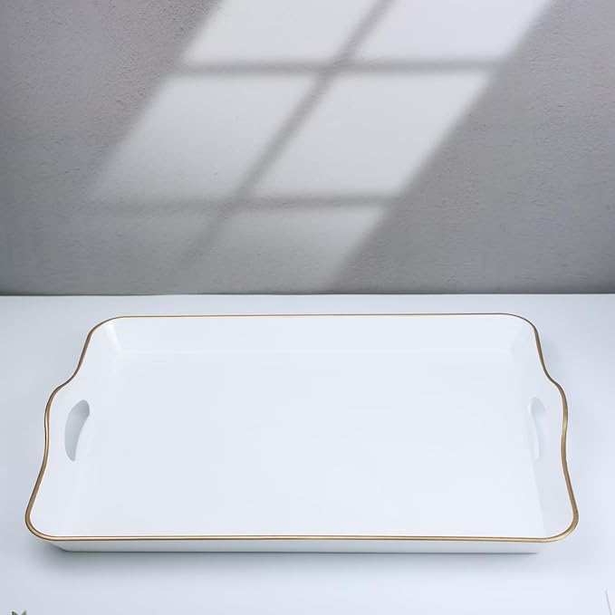 Spsyrine White Decorative Serving Tray with Handles, Elegant Plastic Coffee Table Tray for Ottoman, Living Room, Home Decor-Ruum Studio Home