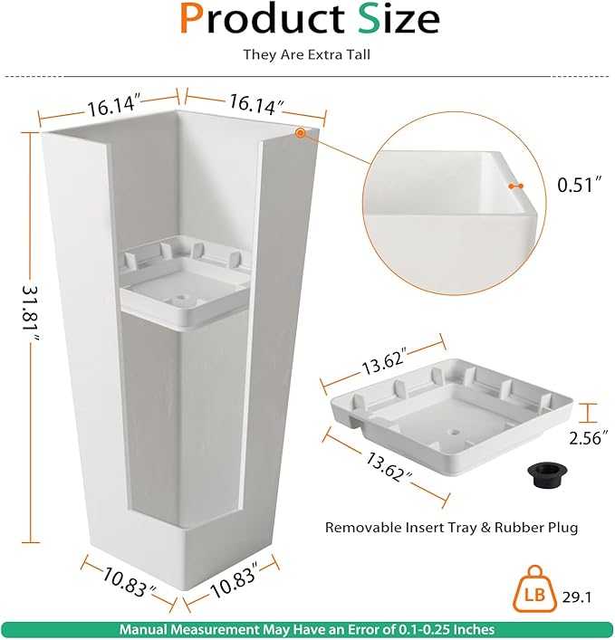 Tall Planters for Outdoor Plants, Large Resin Flower Pots for Garden, Front Porch, Patio, Indoor - Set of 2 (White, 32 inch - 2 Pack)-Ruum Studio Home